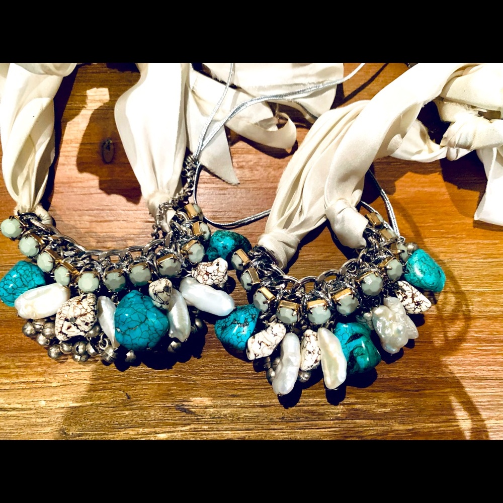 Handmade, Turquoise & Pearl ~ Set of Silky Ties ~Anklets